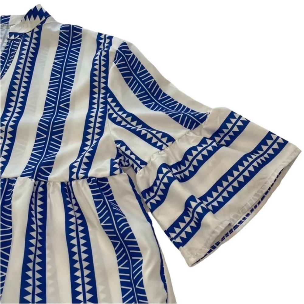 Baby Doll Mini Dress Geometric V-Neck Striped Blue & White Women’s Size Large - Picture 7 of 14